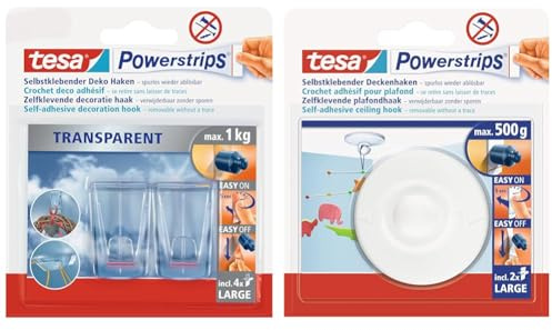 tesa Klebehaken für transparente Oberflächen und Glas (1 kg) - Durchsichtige, selbstklebende Haken & Powerstrips Deckenhaken - Selbstklebender, drehbarer Haken