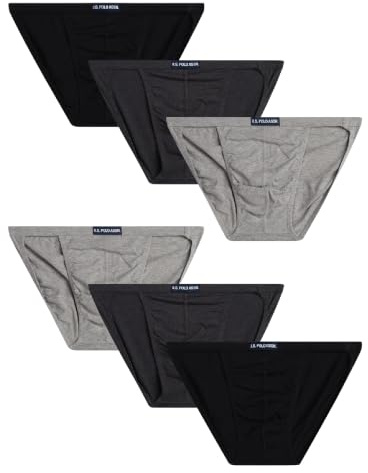 U.S. Polo Assn. Mens Bikini Underwear - 6 Pack Cotton Blend String & Classic Cut Mens Brief with Contour Pouch (Big & Tall), Size Large, Black/Heather Grey/Charcoal Heather- String