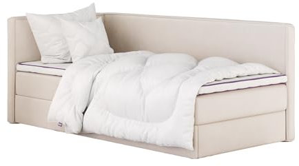 mybed. Boxspringbett Einzelbett Mitto Conti Twin Linke Seite Polsterbett mit Bettkasten Hellbeige 7-Zonen Taschenmatratze H2 120x200 und Topper Jugendbett Kinderbett