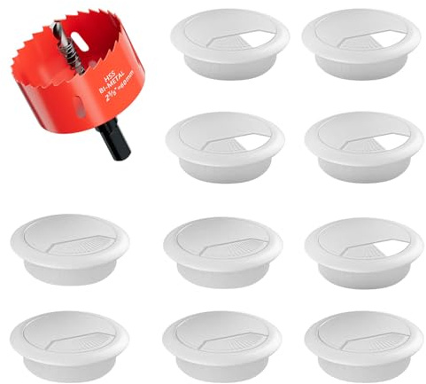 Desk Grommet 60mm (2-3/8 inch) - 10 Pack White Cable Grommet & Desk Hole Cover with Hole Saw for Cables, Cord Management for Office, TV, and Home Table