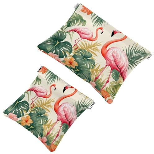 Small Pocket Cosmetic Bag, Squeeze Top Travel Makeup Bag for Purse, No Zipper Self-Closing Mini Makeup Pouch for Women Girls, Pink Flamingo Tropical Plants