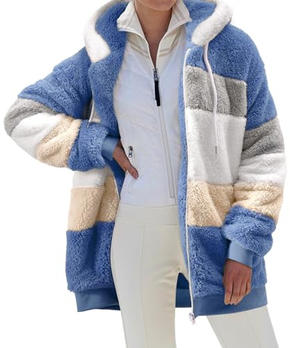 CMTOP Manteau Femme Hiver Veste Polaire Chaude Blouson Doux Peluche Thermique Sweat à Capuche Épaissir Grande Taille Hoodie Zippé Décontractée Outerwear Couleurs Entrechoquent(Bleu,L)