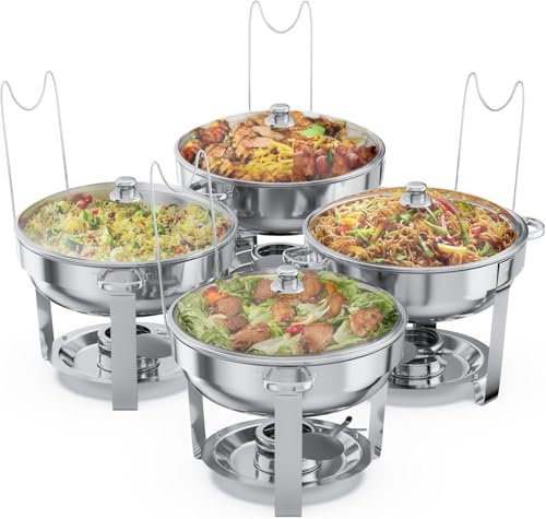 Alpha Living Chafing Dish Buffet Set of 4 – Complete Stainless Steel Chaffe Buffet Set with Glass Lids, Chafing Fuel Holder – Elegant and Practical Warmer Trays for Buffet, Wedding, Catering Supplies