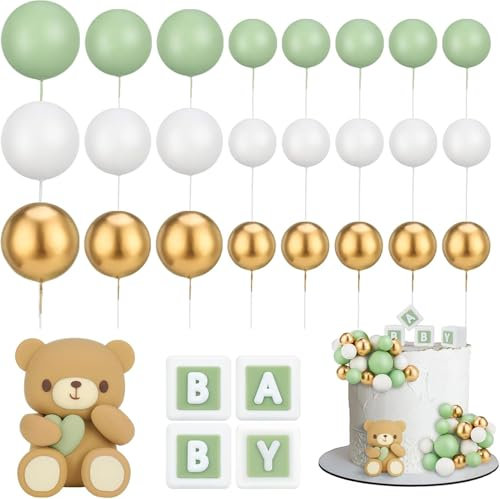 Bolas decorativas para tartas, diseño de oso, 29 unidades, color verde, para bautizo, decoración para tartas, para niños, fondant, fiestas de género, cumpleaños, celebraciones