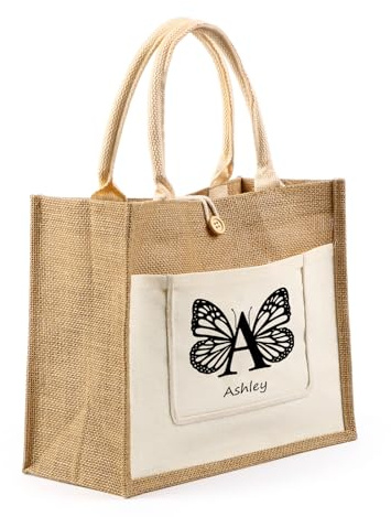 RolaOnly Jute-Tasche personalisiert mit Name Initial Jutetasche Damen Geschenk mit Namen Personalisiert Tasche Geschenk für Mutter Lehrerin Brautjungfern Freunde (Weiß)
