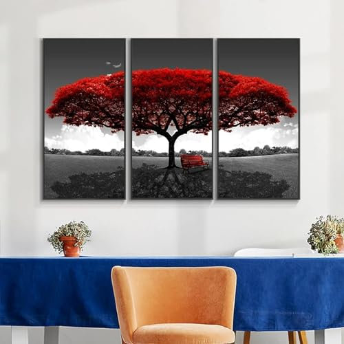 Modernes Landschaftsbild, roter Baum, Druck auf Leinwand, skandinavisches Gemälde, 3-teilig, Poster, Büro, Heimdekoration, Dekoration, 70 x 100 cm x 3 cm, rahmenlos