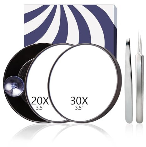 KinzraMira Magnifying Mirror, 30X Magnifying Mirror with Precision Tweezers Set, Compact with 30X & 20X Magnification, Tweezers for Women Facial Hair 3.5 Inches