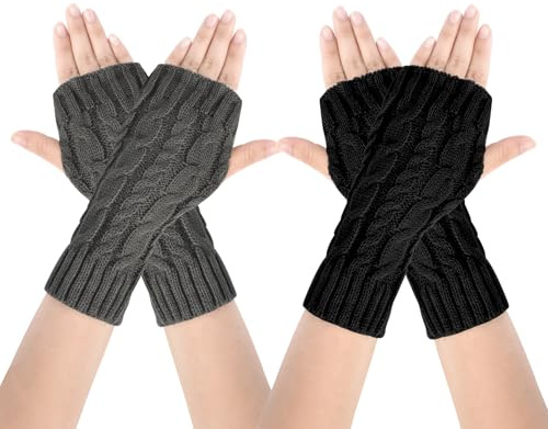 AUYAO Gants Sans Doigts Tricotés d'Hiver pour Femmes - Mitaines Chaudes, Moufles Poignets, Bras Plus Chauds Avec Trou pour le Pouce Unisexe (Noir + Gris Foncé-21cm)