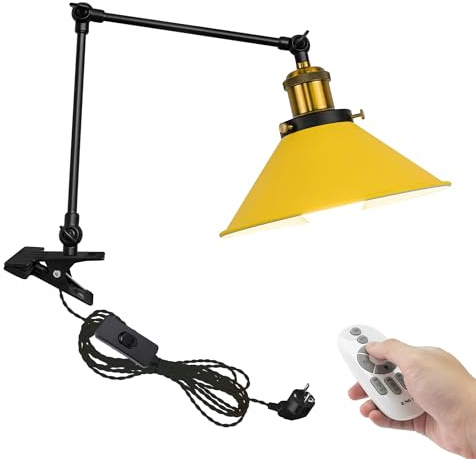FSLiving Lampada a morsetto industriale con telecomando, clip regolabile su scrivania, lampada da lettura, dimmerabile, con braccio flessibile, per scrivania, comodino, scaffale, colore giallo TD0633