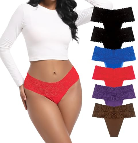 Deigecil 6er-Pack String Tanga Damen Spitze Sexy Hoch tailliert Bauchweg Baumwoll unterwäsche Frauen Hipster Unterhosen Baumwolle Mehrpack S-4XL
