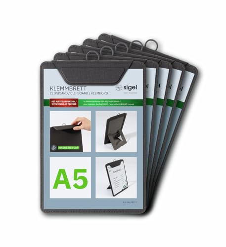 SIGEL Klemmbretter A5 anthrazit Aufstellfunktion 5er Pack | KB111/5, stabiles, stylisches Clipboard mit edler Leinenstruktur, strapazierfähig und leicht abwischbar, für Speisekarten