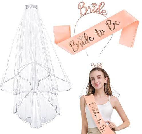 Braut Schärpe Schleier Tiara, Braut to Be und Team Bride Schärpe Set, Braut Schärpe Schleier Rosegold Stirnband Accessoires, Bride to Be Schärpe und Schleier für Bachelorette Party