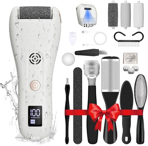 Electric Callus Remover for Feet with Vacuum,16-in-1 Professional Pedicure Tools Foot Care Kit, Foot Scrubber Electric Feet File Pedi for Hard Cracked Dry Dead Skin, Battery Display 8019 White