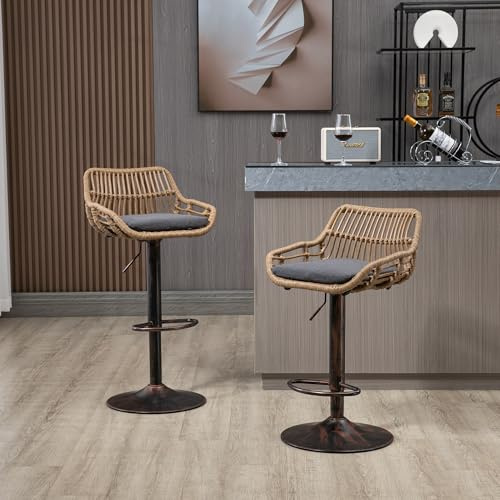 BTYJLEBE Rattan Barhocker 2er Set Höhenverstellbar Barstuhl mit Rückenlehne Fußstütze Drehbar Küchenhocker Sitzkissen Tresenhocker Nagelkopfbesatz Bistrohocker Metallfuß Outdoor Stühle Esshocker Grau