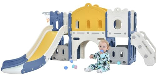 Kinderrutsche mit Basketballkorb und Klettergerüst, Kleinkindrutsche mit Aufbewahrungsbox, Babyrutsche, Spielplatzgerät für drinnen und draußen (Blaugelb)