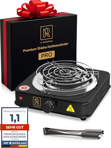 M. ROSENFELD Shisha Kohleanzünder für Shisha Kohle - Elektrischer Kohleanzünder BLACK HEAT 1000W + Shisha Zubehör Set Edelstahl Kohle Gitter & Shisha Zange Kohlegrill Shisha 150cm Kabel (Schwarz PRO)