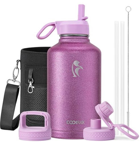 Coolflask Water Bottle 2L Insulated with Straw & 3 Leakproof Lids | Stainless Steel Water bottles Large Triple-Wall, Cold 48+h/Hot 24+h Dishwasher Safe, BPA-Free, for Sports Gym & Hiking