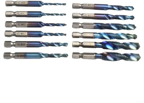 Set di 12 punte per trapano filettate con gambo esagonale HSS da 1/4, con gambo esagonale per trapano M3-M10, adatte per forare e maschiare in alluminio, ferro, metallo, legno
