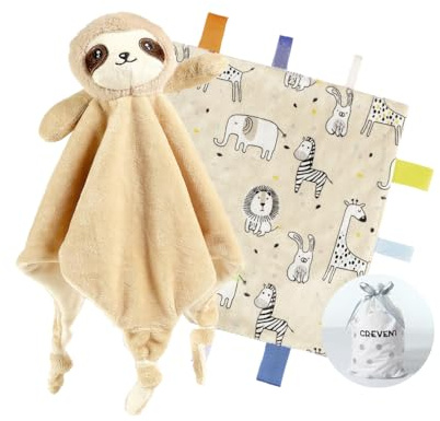 CREVENT Kuschelige Plüsch-Babydecke, Kuscheltier für Mädchen und Jungen, Geburtstag (Faultier + Etikett)