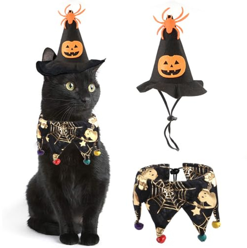 Halloween-Kostüm für Katzen und Hunde – Kürbishut und Bandana mit verstellbaren Trägern für kleine, mittelgroße und große Hunde, Katzen, weiche Halloween-Weihnachtsfeier-Kleidung, atmungsaktives