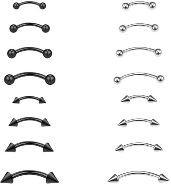Nzexlyva 16 Pcs Curved Barbell Eyebrow Piercing, Vertical Labret Lip Bars Piercing Jewellery, 16G Stainless Steel 6mm 8mm 10mm 12mm for Lip Bar, Bottom Lip, Eyebrow Bar (Black and Silver)
