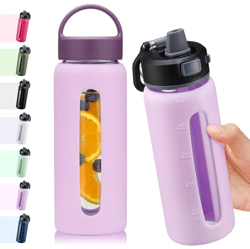 BLUEGO 600 ml Glasvattenflaska med 2 lock - Lock med knappstängning och handtag Återanvändbar väska med tidsvisning för resa, hemma, gym, sport, utan BPA, Violett