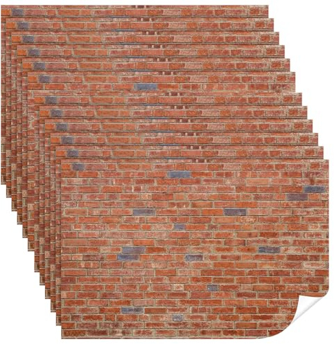 12 Blatt Puppenhaus Tapeten, Wandverkleidung Selbstklebende, Klebefolie Steinoptik, Puppenhaus Zubehör, Praktische Wanddekoration für Miniatur Einrichtung DIY, Geschenke, 21×30cm (Rote Klinker)