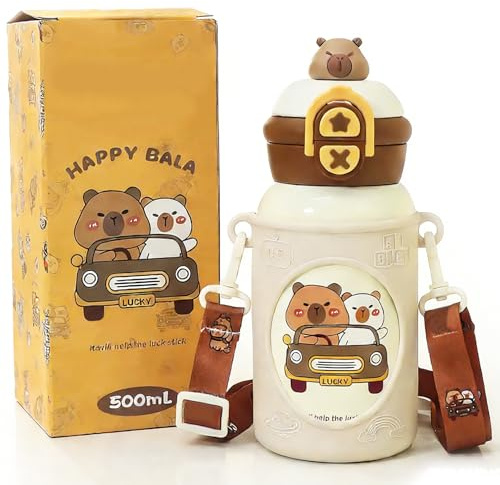 Capybara Botella Agua, 500ML Botella Agua Acero Inoxidable Cantimplora Infantil Botellas Aguas Térmica con Pajita Cantimplora Prueba de Fugas Mantiene Frio Calor para Deportiva Escuela Blanco