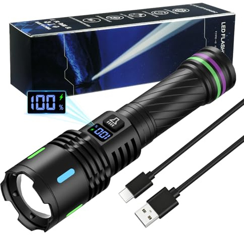 AUAUY 1Pz Torcia LED Potente Professionale, 3000 LM Torcia Ricaricabile USB | 3 Modalità, Display Digitale Intelligente, Impermeabile, per Campeggio, Trekking, Emergenza