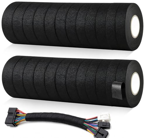Supkiir 24 Rolls Wiring Harness Tape, 15m x 18mm Black Fabric Tape, Heat Resistant Insulation Wiring Loom Cloth Tapes for Car Vehicle Harness, Noise Damping & Cable Protection