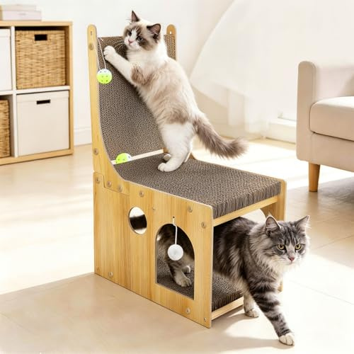 Kratzbretter Katze L-Förmig 65cm Kratzpappe Katzenhaus mit Spielzeug | Hochdichte Verschleißfeste Kratzpappe für Katzen zum Kratzen, Verstecken und Spielen mit 5 Ball-Spielzeugen