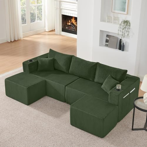 Sapgaks Sofá esquinero, sofá de 4 plazas, sofá modular comprimido con longitud de suéter en L, no requiere ensamblaje (Más tela de cordón) (Verde-1)