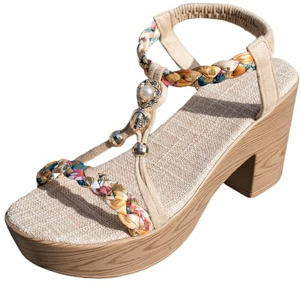 Sandalia genérica para mujer, plataforma, ligera, verano, brida, suela de cuerda, estilo bohemio, tacones gruesos para exteriores, sandalias de cuero vintage con tacón cuadrado punta cuadrada en