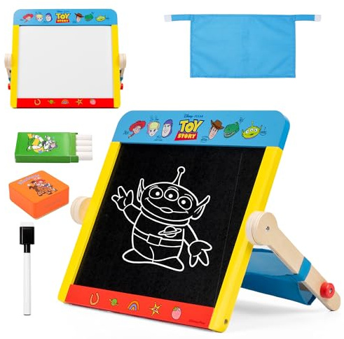 Disney Toy Story 2-in-1 Double-Sided Drawing & Chalk Board with Pen, Eraser & Velcro Storage Pouch for Kids, Portable Art & Learning Board for Creative Play, 3+ Years – Tabletop Easel