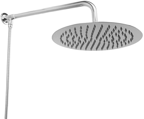 MAXFORYOU Wall Mount 10 Inch Round Rainfall Shower Head Set, with Extension Arm and 1.5m Shower Hose SUS304 Stainless Steel, Chrome Finish Extend from Bath or wall 45cm