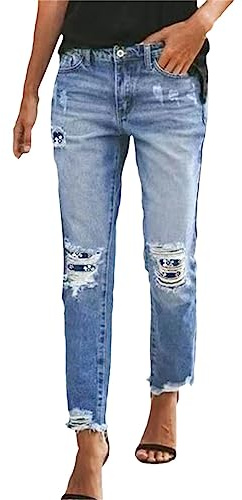 Sommarjeans för kvinnor - eleganta 7/8 dambyxor slitsbyxor med fransar hög midja push up leggings mode kurvigt tryck cigarett ledig stil, Marinblå, XL