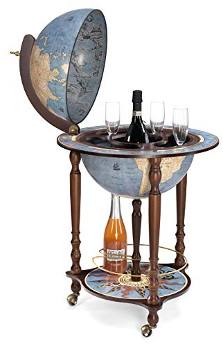 Zoffoli, Echter Barglobus DA Vinci Blue DUST aus Buchenholz, Blauer Staub, Made in Italy, 55 x 55 x 93 cm