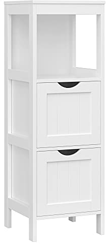 VASAGLE Badkommode, Badschrank, vielseitig einsetzbares Badregal mit 4 Etagen, Badezimmerschrank aus Holz, Eckschrank, Medizinschrank, weiß, BBC42WT