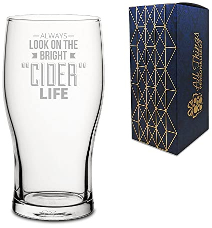 Novelty Engraved/Printed Tulip Beer Cider Pint Glass - Always Look on the Bright Cider Life - Engraved with Message