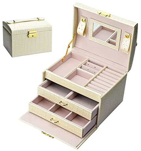 Podazz Caja Joyero de 3 Niveles, Joyeros Mujer Organizador con Asa y Espejo, 2 Cajones Estuche Rectangular para Guardar Joyas, Pendientes, Anillos y Collares, con llaves y cerraduras,Cocodrilo