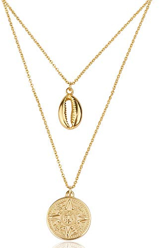 GD GOOD.designs Kette mehrreihig mit 18 Karat Vergoldung I Damen Halskette mit Kompass Anhänger I Doppelreihige Muschel Kette aus wasserfestem Edelstahl I Muschel Halskette für Damen - Piratenkette