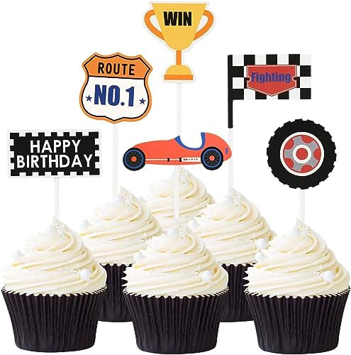 24PCS Race Cars Cupcake Toppers Racing Car Theme Cupcake Picks Party Decorating Supplies