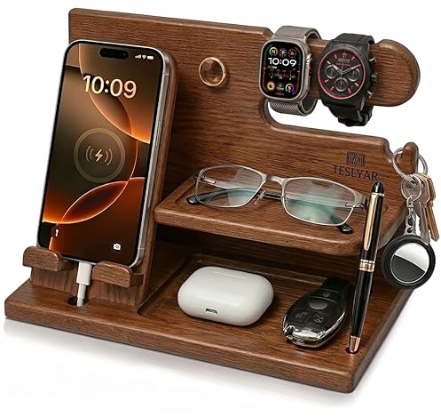 TESLYAR Holz Telefon Dockingstation & Schreibtisch Organizer mit Handyständer Beige für Büro Aufbewahrung & Organisation Tolle Geschenkideen für Männer Einschulung Geschenk Lehrerin
