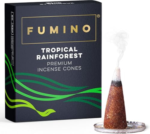 Fumino Räucherkegel mit frischem Duft Tropischer Regenwald – 1 Box à 15 Kegel Masala Agarbatti Räucherkerzen Klein - Duft für Entspannung, Meditation, Linderung bei Stress und Angstzuständen | Fumino Raumfüllender Raumduft zur Meditation, ungiftig, 25 Minuten pro Kegel, handgerollter natürlicher Masala