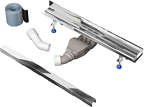 Aquabad Hochglanz Edelstahl Duschrinne mit Wandaufkantung - Slim Wall Premium, Länge 80 cm, Komplett Set inkl. Abdeckung Bord, Siphon und Haarsieb