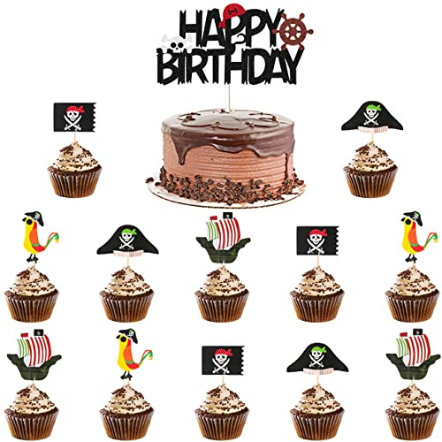 Kawailay 25 Stück Pirate Cake Toppers Piraten Happy Birthday Kuchendeckel Piraten Element Thema Tortendeko Piratensegel Kuchen Picks Tortenaufleger für Kinder Junge Geburtstag Party Stil 2