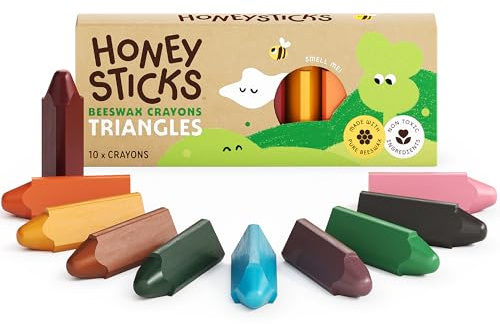 Honeysticks Ceras de Colores 100% Pura Cera de Abeja Natural – 10 Ceras para Bebés Triangulares para Desarrollar la Sujeción del Lápiz – No Tóxico, Grado Alimentario, Hechas en Nueva Zelanda