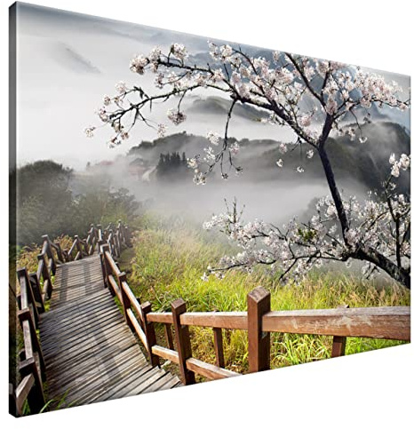 Estika Cuadros en lienzo Japón, flor de cerezo, montañas 120 x 80 cm, impresión artística de 1 pieza Murales de salón, dormitorio, decoración de pared moderna, imagen sobre lienzo Imágenes
