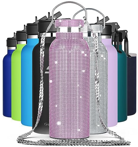 GeeRic Diamant Wasserflasche, Trinkflasche Edelstahl Doppelwandige 500ml Auslaufsicher BPA-frein, mit Kette, für Frauen rostfrei Isolierflasche und Hält kalte Mit Tassenbürste, Tassenschutz