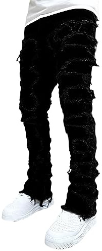 Stacked Jeans Men Skinny Ripped Jeans Slim Fit Patchwork Denim Pants Y2K Goth Harajuku Emo Hip Hop Trouser Black